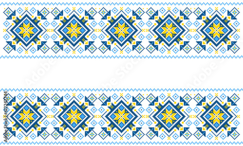 Embroidered Ukrainian ornament in national colors on a white background. Ukrainian flag. Ukrainian embroidery. Geometric patterns on a white background.  handmade cross-stitch, Vyshyvanka