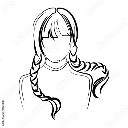 Symbol face.Wednesday simple line drawing vector illustration. Girl with braids silhouette.Print, poster, emblem, logo design in Minimalist modern style