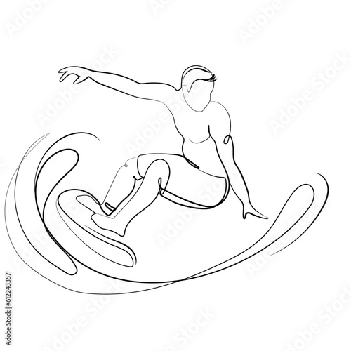 Man on surfboard riding a wave vector illustration.Surfer riding the waves,liner drawing black and white color drawing.Logo,emblem,print poster design