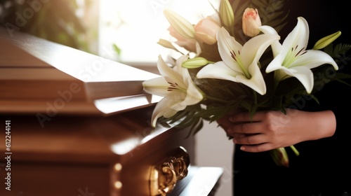 woman with lily flowers and coffin at funeral. Generative AI.