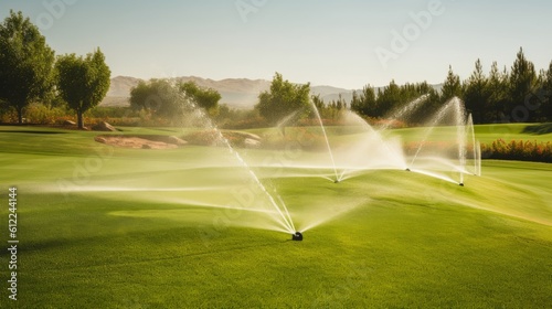 Leinwand Poster Irrigation System Sprinkler on Golf Course. Generative AI.