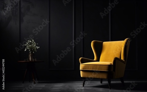 Yellow Armchair in a Dark Room with a Black Wall Background. Generative AI