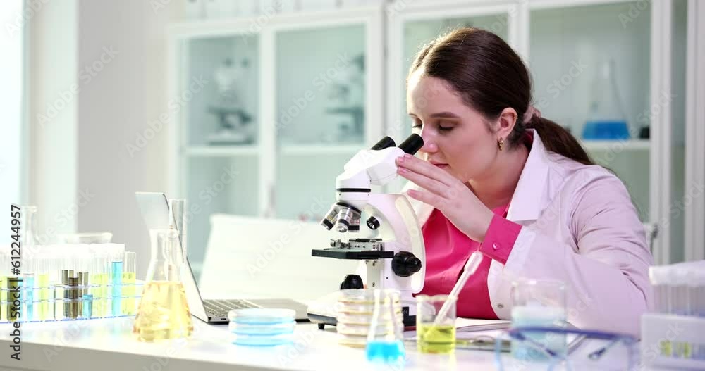 Scientist or student using laptop computer and microscope. Science and laboratory forensics and research Scientist or student using laptop computer and microscope. Science and laboratory forensics and research