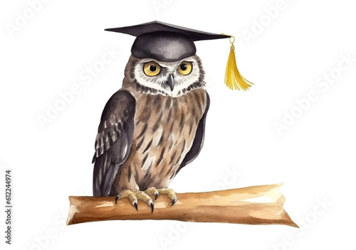 Owl in graduation cap on books. Symbol of wisdom education and knowledge. Generative AI