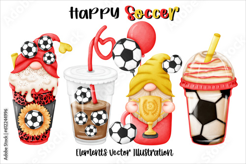 Gnomes Coffee Soccer Ball Element Watercolor Vector File ,Clipart cartoon vintage-Retro style For banner, poster, card, t shirt, sticker