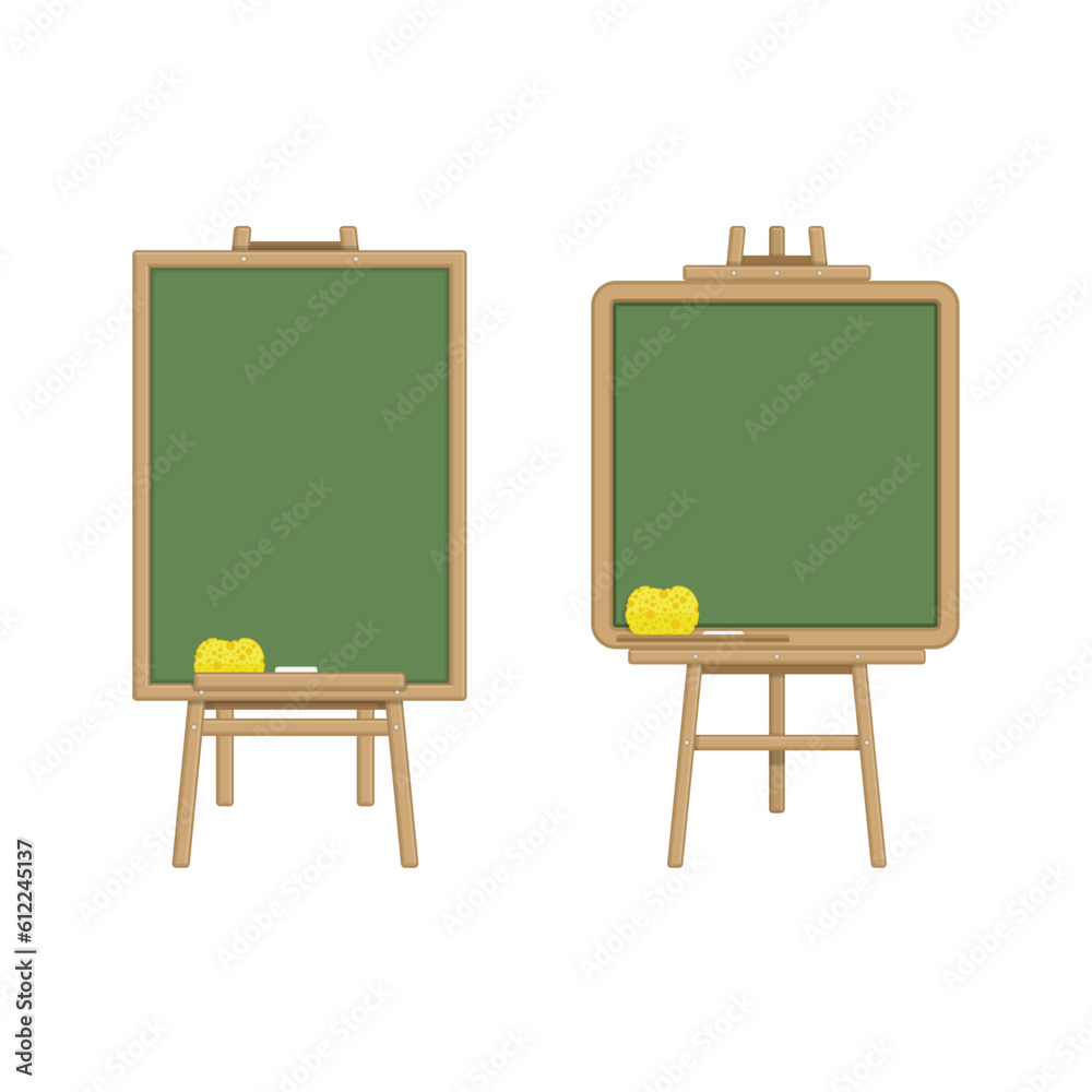 School board, yellow sponge and white chalk in flat style. Green chalkboard with wooden frame isolated on white background. College or university, education or business training concept. School board, yellow sponge and white chalk in flat style. Green chalkboard with wooden frame isolated on white background. College or university, education or business training concept.