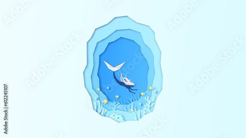 Deep ocean bottom landscape and mermaid swimming together with fishes. Undersea world. paper cut and craft style. vector, illustration.