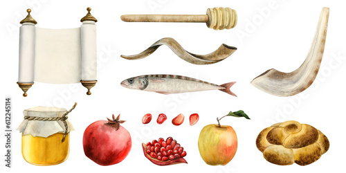 Watercolor Rosh Hashanah illustration set, Shana Tova collection for Jewish New year isolated on white background. Honey, Torah scroll, round challah, shofar, pomegranate fruits and fish