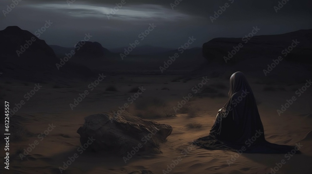 A Dramatic Depiction of a Shrouded Woman in a Desert at Night Generative AI