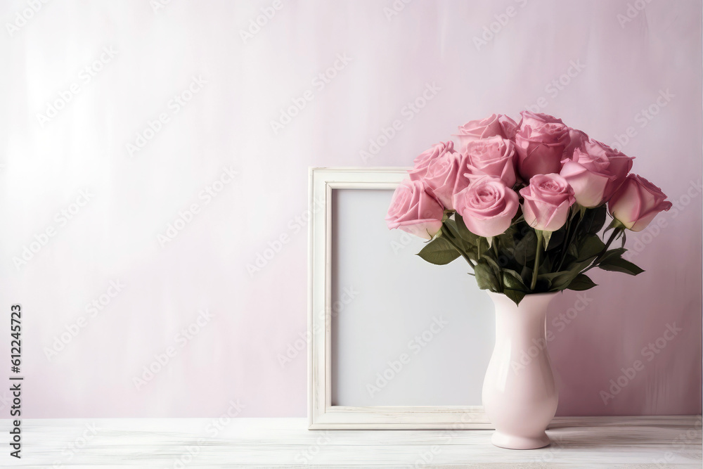 Empty Pink Frame With Red Roses In Vase. Generative AI Empty Pink Frame With Red Roses In Vase. Generative AI