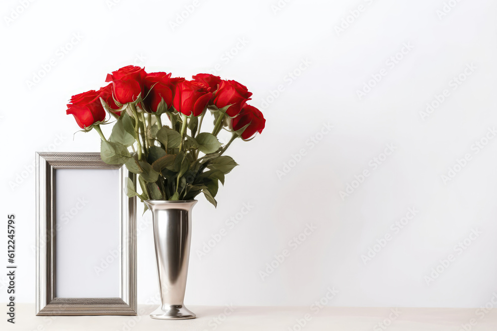 Obraz premium Empty Silver Frame With Red Roses In Vase Next To It On White Background. Empty Space. Generative AI