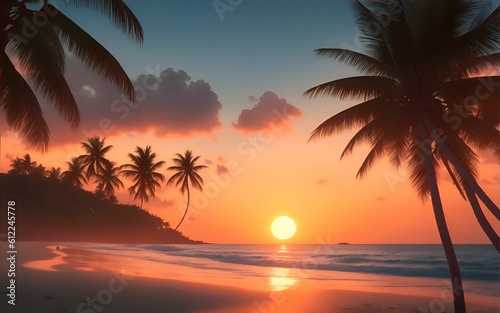 Tropical beach with coconut Palm trees on a sandy island. Generative AI