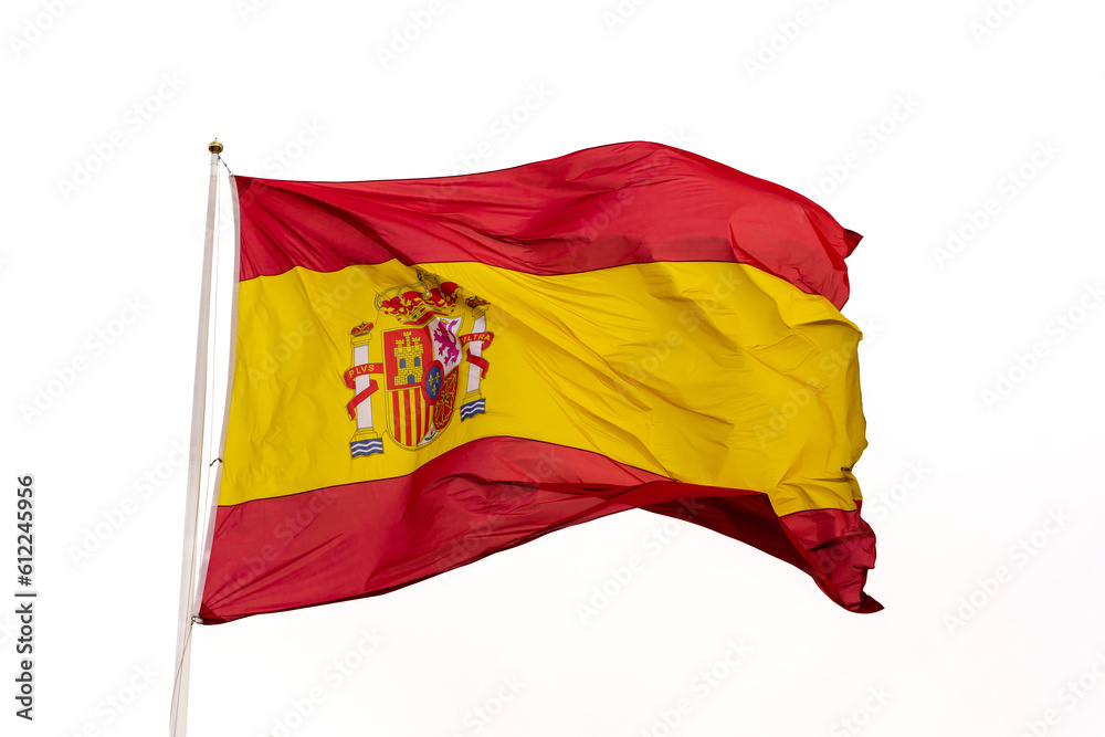 flag of spain waving in the wind with white background and copy space - obrazy, fototapety, plakaty 