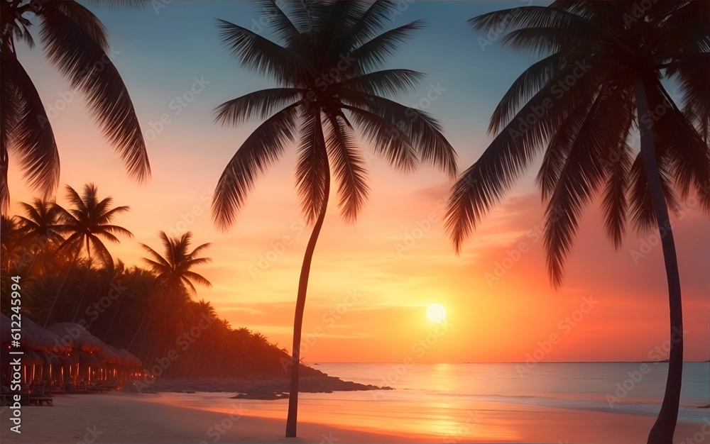 Tropical beach with coconut Palm trees on a sandy island. Generative AI
