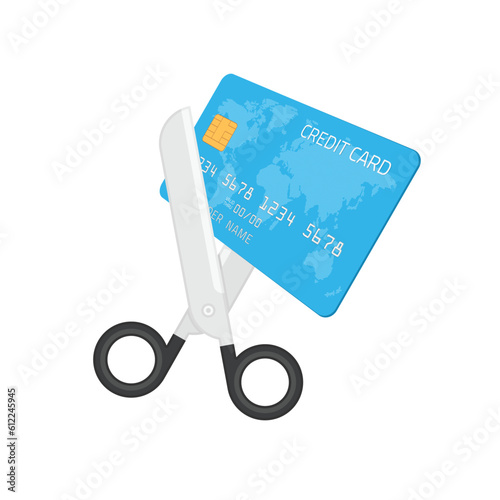Scissors cutting credit card vector icon. Price , discount or cost reducing concept. Scissors and bank card price in half illustration. EPS 10.