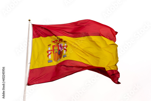 flag of spain waving in the wind with white background and copy space photo