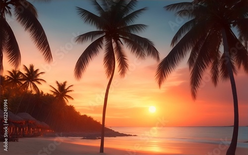 Tropical beach with coconut Palm trees on a sandy island. Generative AI © Ivyn
