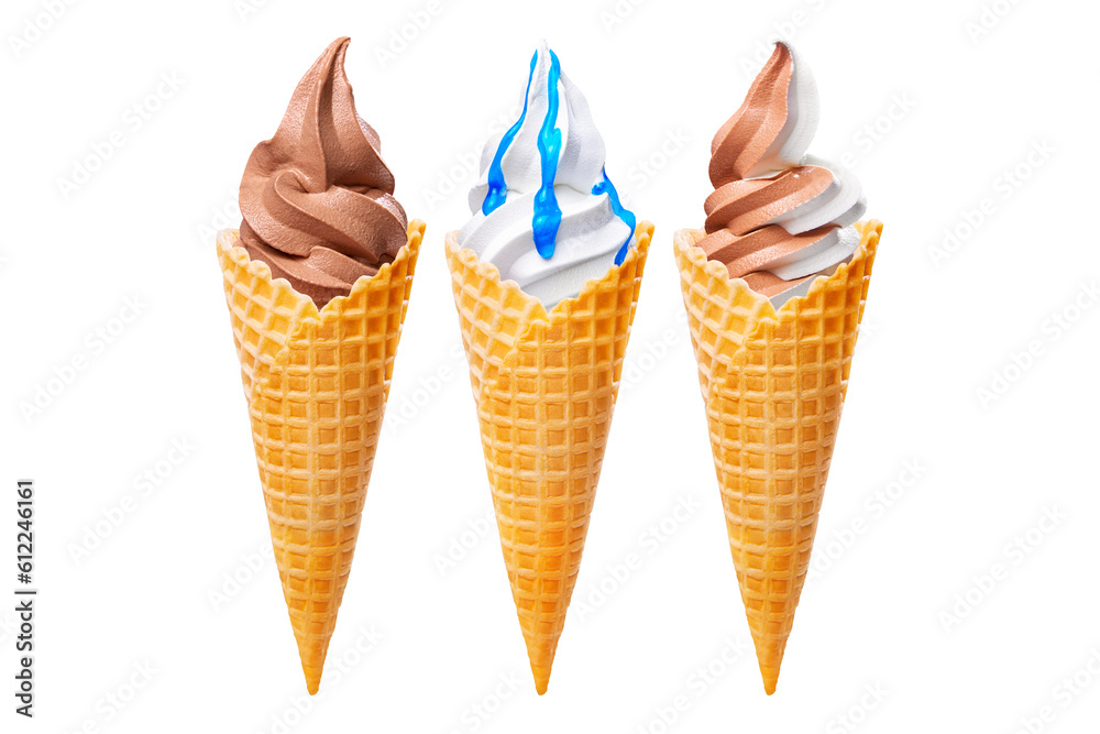 Waffle ice cream cones isolated set transparent PNG photo. Three popular ice cream cones.