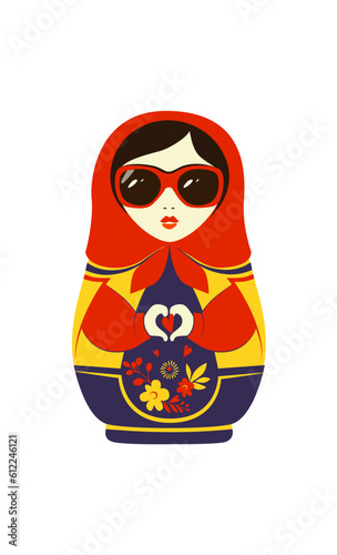 Fashion print - folk doll nesting doll shows a heart. Russian doll matryoshka.