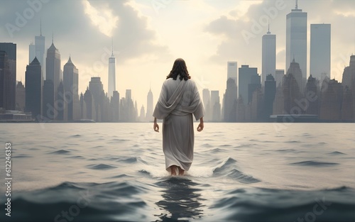 Jesus Christ walking on the sea towards the city, Generative ai.