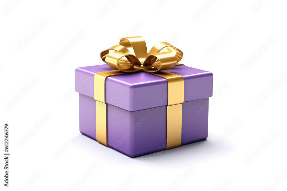 Fototapeta premium Purple Gift Box With Gold Ribbon On White Background, 3D. Generative AI