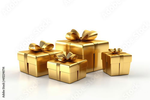 Gold Gift Boxes Set On White Background, 3D. Generative AI
