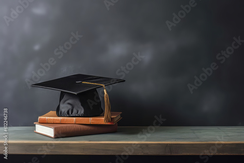 Graduation Cap On Podium Against Chalkboard Backdrop. Generative AI