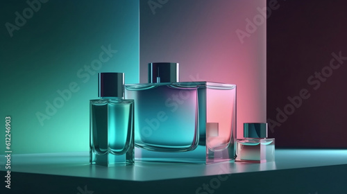 Futuristic simple background made of coloured acrylic glass for perfume or make up. Layered composition provides depth and perspective for product or package promotion. Generative ai.