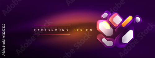 Neon lines, squares and round shapes abstract background. Techno glowing neon hexagon shapes vector illustration for wallpaper, banner, background, landing page, wall art, invitation, prints, posters