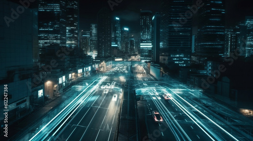 Futuristic skyscraper and road transportation technology with digital data transfer. High speed light trail of cars. Internet of things. Generative ai.