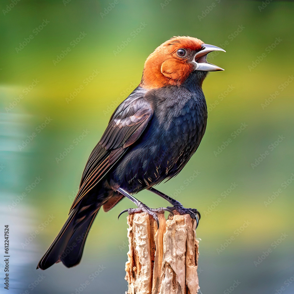 A Kuscherling, Molothrus ater, perches on a weathered post with its beak open, blurred background, made with generative ai A Kuscherling, Molothrus ater, perches on a weathered post with its beak open, blurred background, made with generative ai