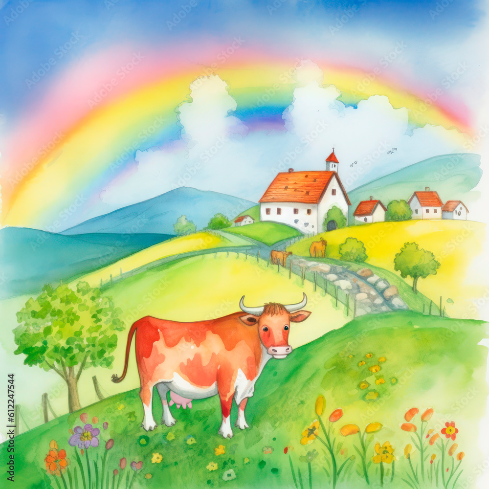 Rural landscape in pastel colors. A cow in a meadow among the hills under a rainbow against the backdrop of houses. Generative AI