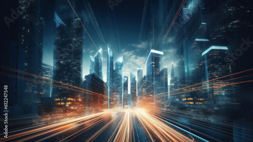 Futuristic skyscraper and road transportation technology with digital data transfer. High speed light trail of cars. Internet of things. Generative ai. © Aiakos