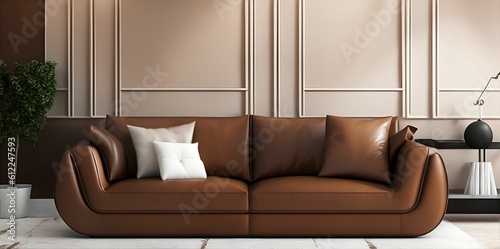 A soft minimalist modern living room with a brown sofa, Generative AI.