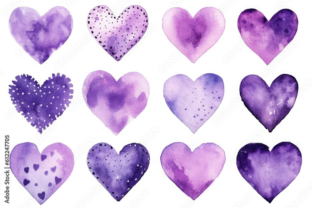 Set Purple Watercolor Hearts Of Love. Generative AI