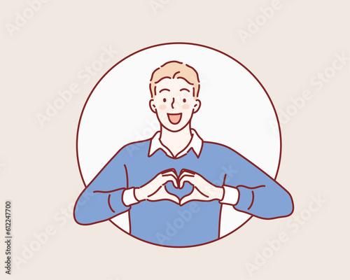 man showing heart gesture with two hands.  Hand drawn style vector design illustrations.