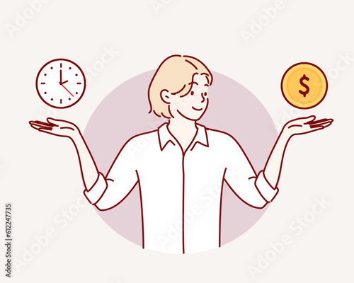 Businesswoman hand holds dollar coin and clock. Time and money balance. Income, costs, financial scale. Solution and rationality balance.Hand drawn style vector design illustrations.
