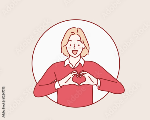  woman showing heart gesture with two hands.  Hand drawn style vector design illustrations.
