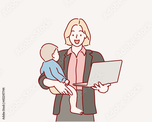  mom with baby, holding laptop. Hand drawn style vector design illustrations.