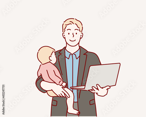 Dad with baby, holding laptop. Hand drawn style vector design illustrations.