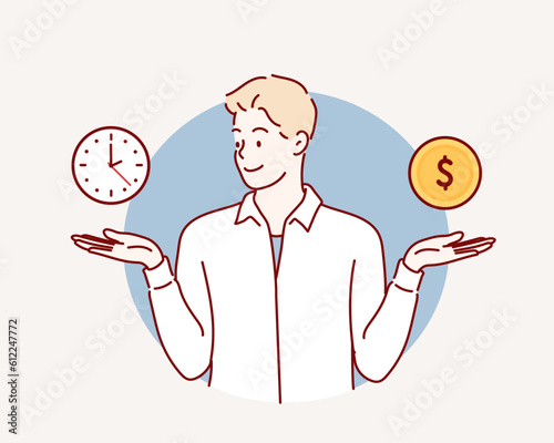 Businessman hand holds dollar coin and clock. Time and money balance. Income, costs, financial scale. Solution and rationality balance.Hand drawn style vector design illustrations