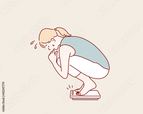 Young woman squats on a scale. Hand drawn style vector design illustrations.