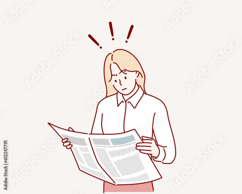 shocked woman reading newspaper. Hand drawn style vector design illustrations.