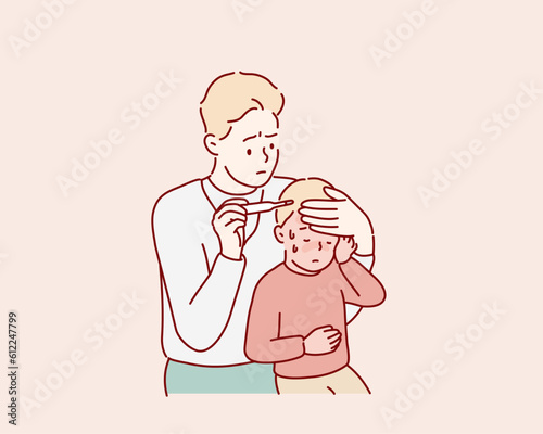 baby has fever and his father checks temperature. Hand drawn style vector design illustrations.