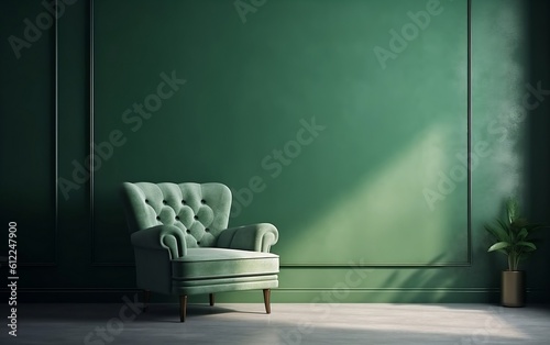 The Interior with an Armchair on an Empty Green Wall Background. Generative AI