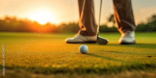 Feet of a golfer hitting the ball with the club at sunset. Generative AI