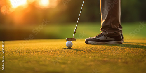 Feet of a golfer hitting the ball with the club at sunset. Generative AI