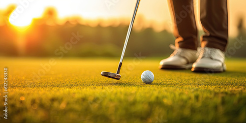 Feet of a golfer hitting the ball with the club at sunset. Generative AI