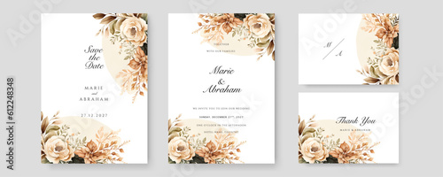 Luxury wedding invitation card background with golden line art flower and botanical leaves, Organic shapes, Watercolor. Abstract art background vector design for wedding and vip cover template.