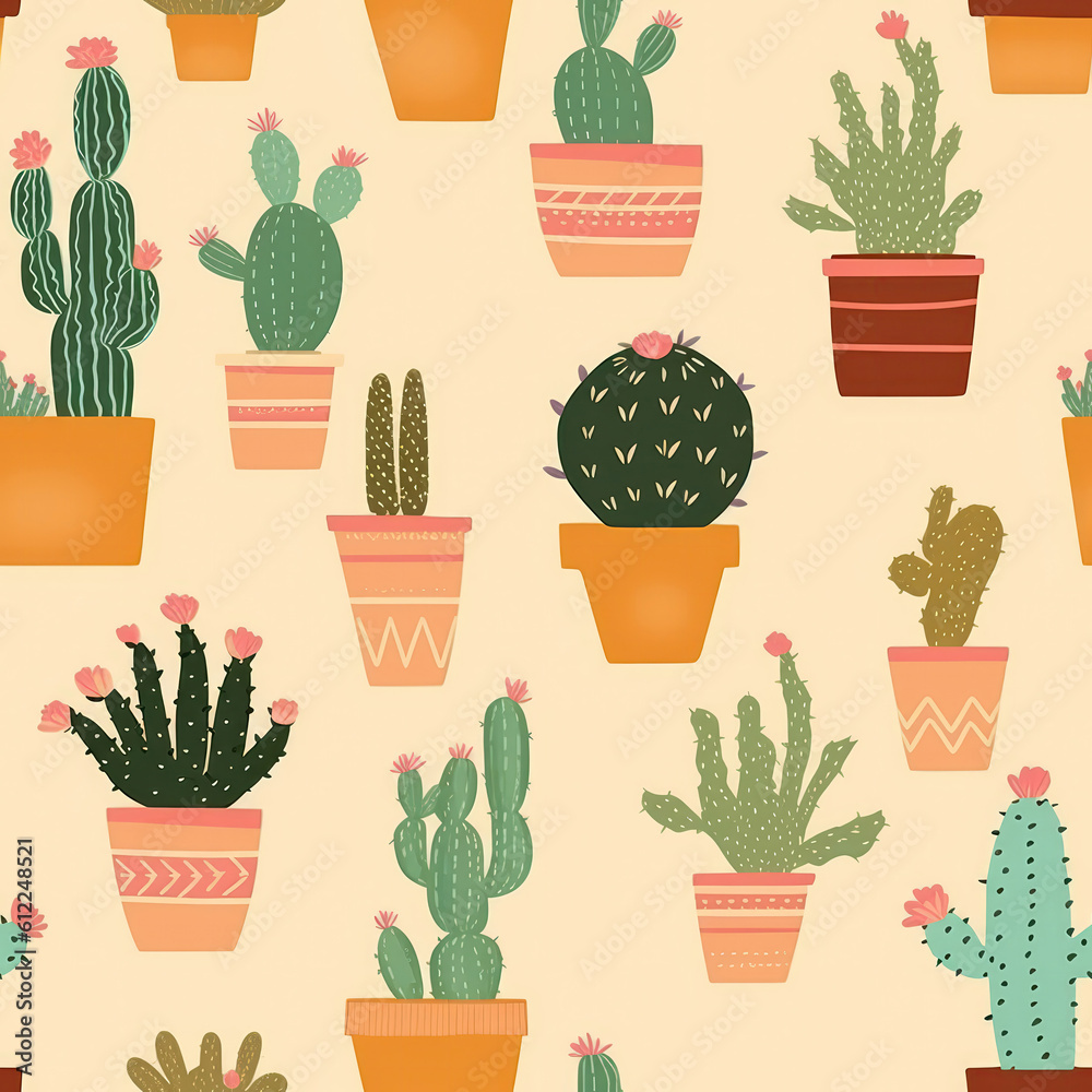 Cacti On Beige Background, D. Seamless Background. Generative AI Cacti On Beige Background, D. Seamless Background. Generative AI
